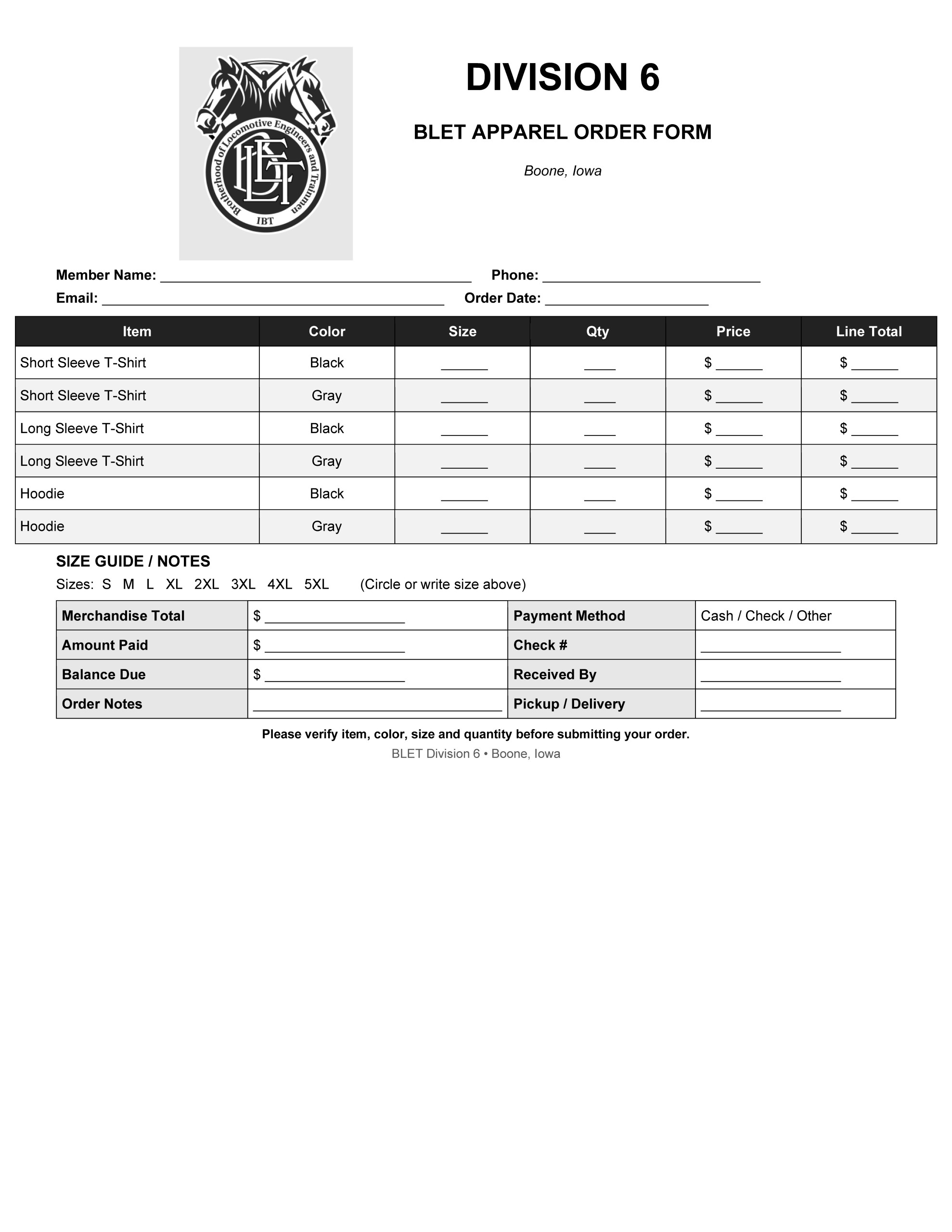 BLET Division 6 Shirt Order